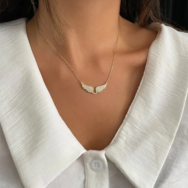 Collier pendentif ailes d'ange en or brillant, luxueux et exquis, entièrement serti de zircon, pour femmes, accessoires de bijoux de créateur de mode