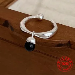 Silver Vintage - Inspired Handmade Open Ring for Women - Elegant Black Parl Design (As picture)