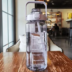 Large 2L Portable Straw Water Bottle with Time Marker for Outdoor Sports and Fitness (Purple)