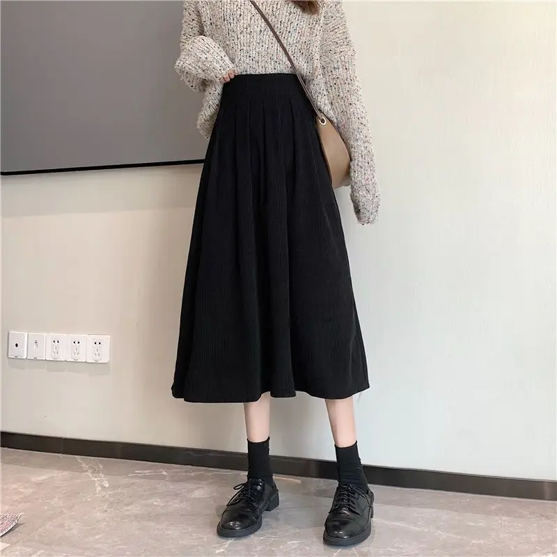 Vintage Corduroy Skirt for Women Elastic Waist Monochromatic Loose Youth A-line Fashion Casual Clothing S-2XL New Autumn Winter