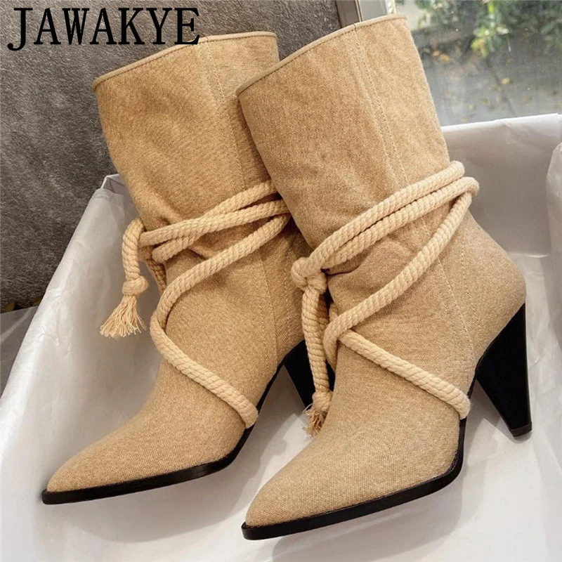 

Kid Suede Hemp Rope High Heels Women Boots Slip On Pointed Toe Spike Heels Mid-calf Botines Femme Casual Designer Shoes Winter