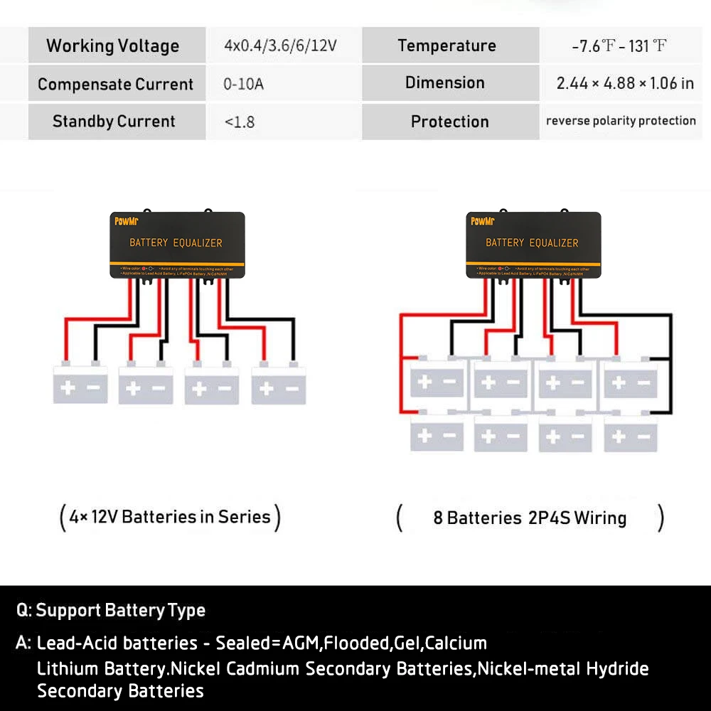 Description Picture 4 of itemPowMr 24V 48V Battery Equalizer Balancer Charger Controller Solar Voltage Balancer for Gel Flood AGM Lead Acid Lithium Battery