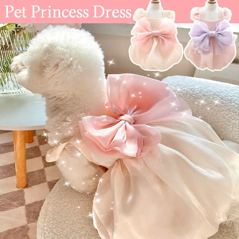 Pet Dog Skirt Puppy Bowknot Skirt Princess Baby Dog Party Wedding Gauze Dress Small Dogs Puppy Cat Costume White Pet Supplies