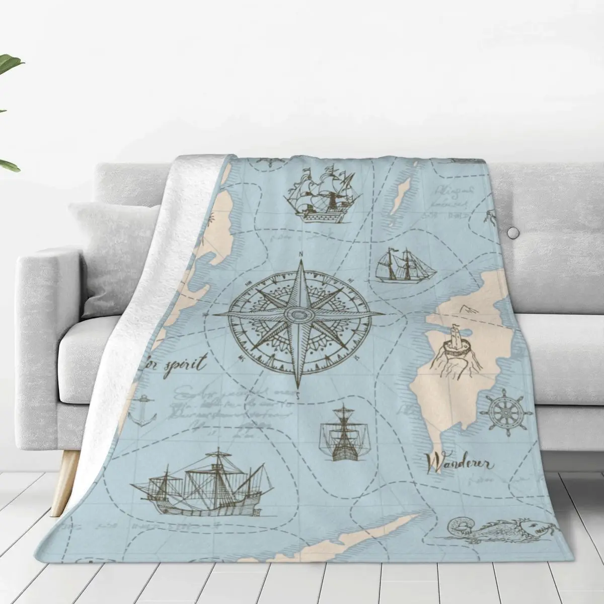 

Blue Sea Map Knitted Blanket Vintage Sailing Yachts Wool Throw Blanket Summer Air Conditioning Personalised Lightweight Bedsprea