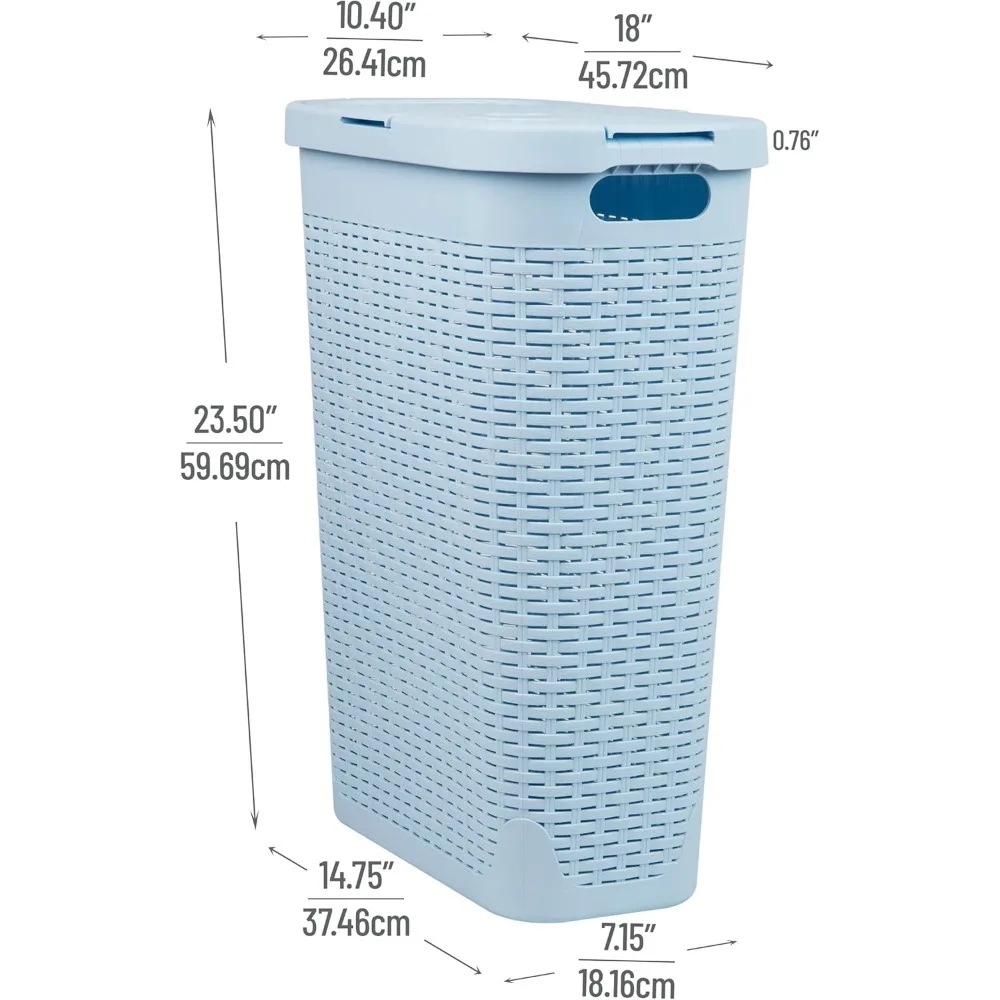 40L Slim Laundry Hamper, Clothes Basket, Lid, Wicker Design, Plastic, 18"L x 10.4"W x 23.5"H, Baby Blue
