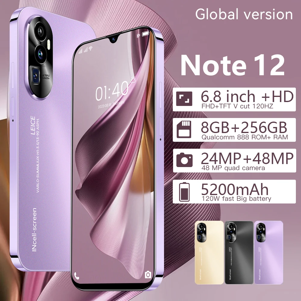 Versione Globale Cellulare Note12 Smartphone Telefoni Cellulari Da 6.8 Pollici Android13 8Gb 256Gb 128Gb Gaming Cellulari Originali Celular