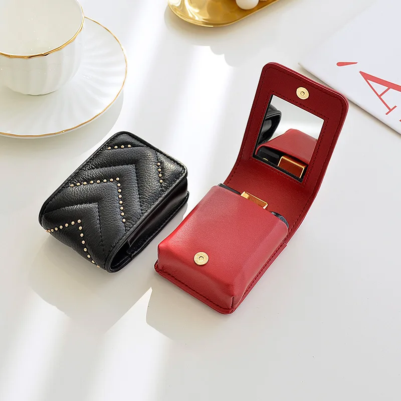 Genuine Leather Portable Lipstick Cosmetic Bag With Mirror Mini Makeup Bag  Case