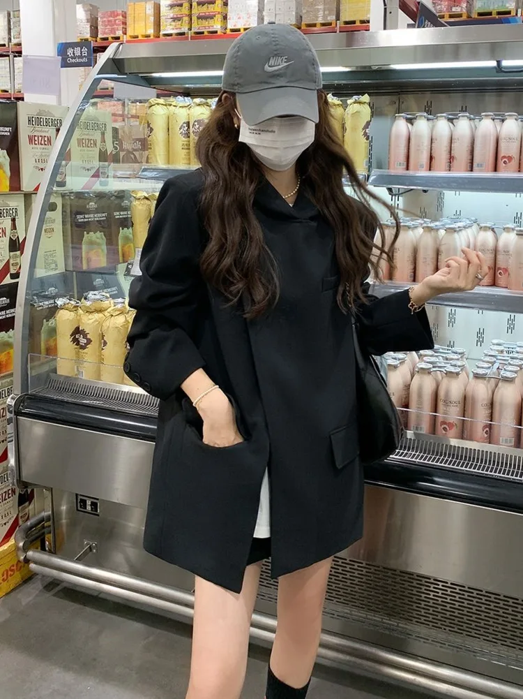 Women Black Hooded Suit Pullover Blazer Irregular Split Design Spring Autumn Korean Suit Top Loose Femme Streetwear 3