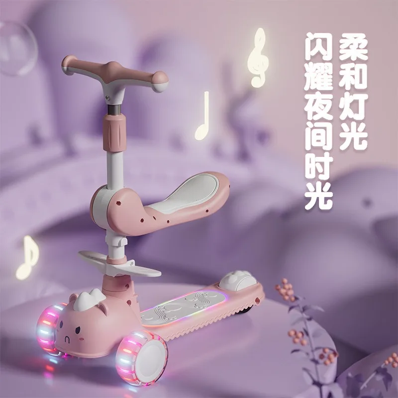 2-In-1 Children's Scooter Baby Kickboard 3 Height Adjustable 3-Wheel Music Light Foldable Micro Kcik Scooter Boy Girl Ages 2-10 children scooter folding scooter