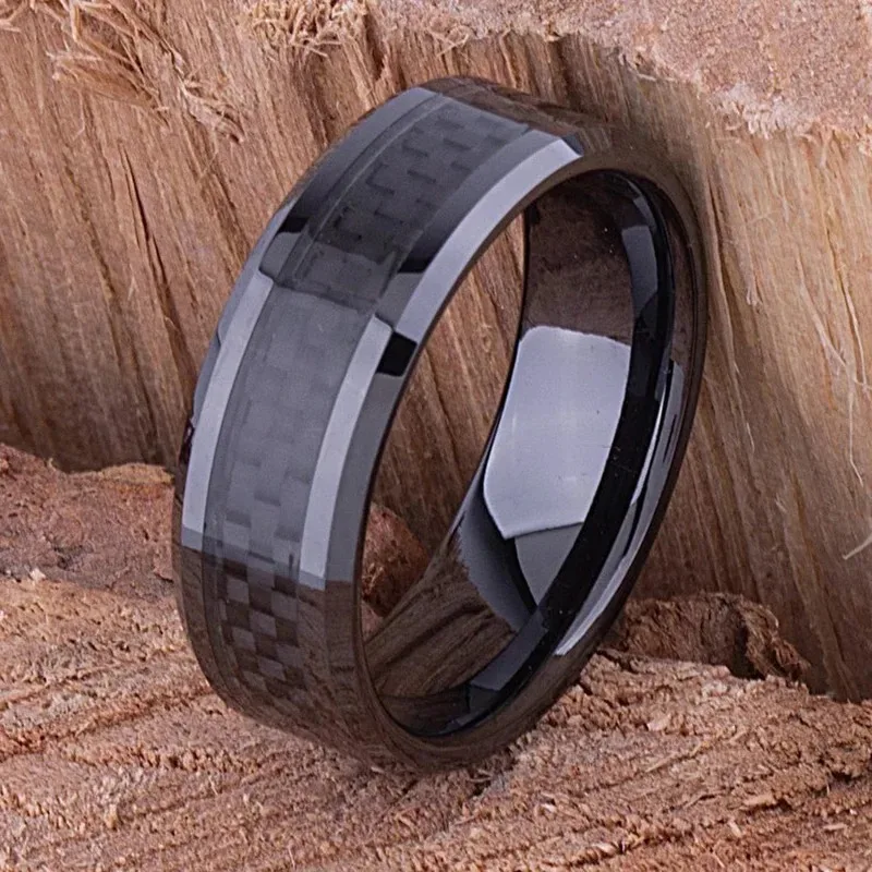 Wedding Rings 8MM Men Stainless Steel Inlaid Black Carbon Fiber for Men Women