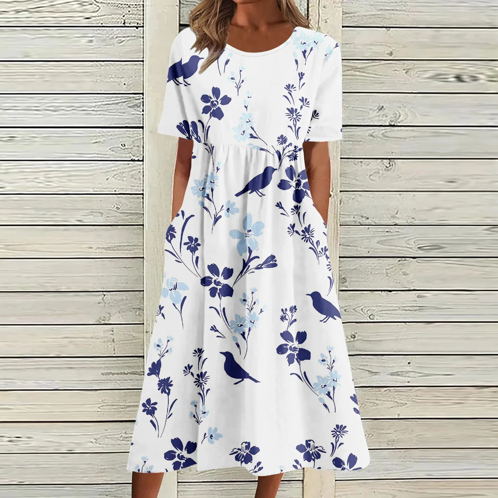 

Summer Women Casual Long Dress Elegant Boho Flower Print Crewneck Short Sleeves Dress Fashion Ruffle Mini A Line Ladies Dress
