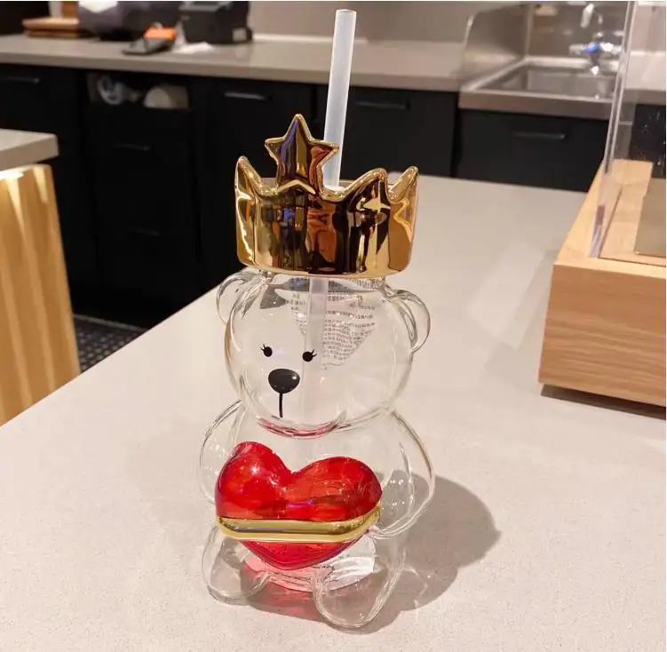 New ★★★Crown Bear Red Love Glass Straw Cup, Valentine's Day Cup