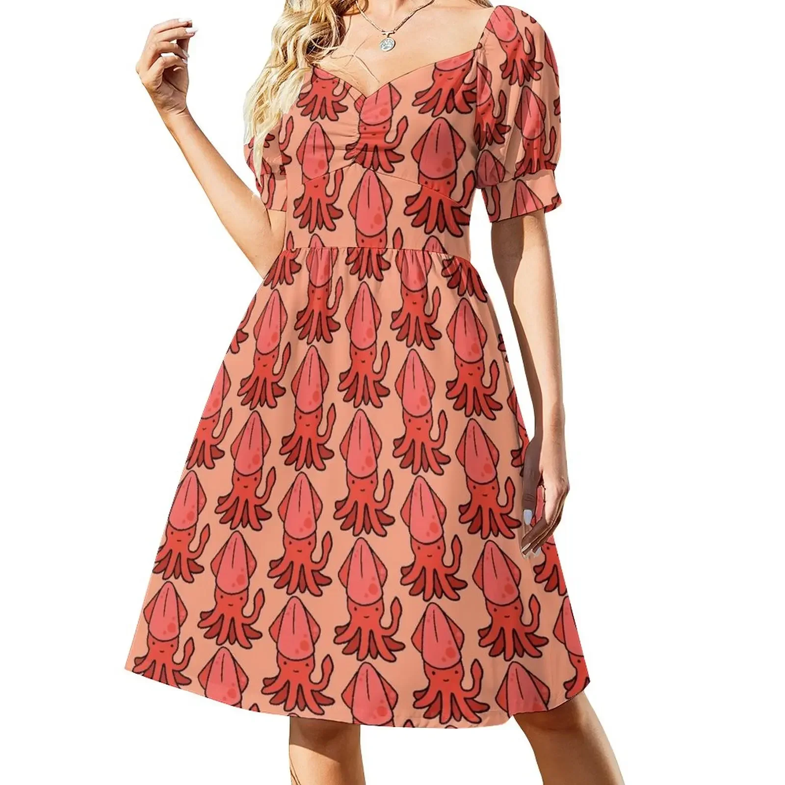 thumbnail image 1 of Vestido de manga corta con estampado de calamares, vestido de noche de lujo para mujer, vestidos de playa de verano., 1 of 8