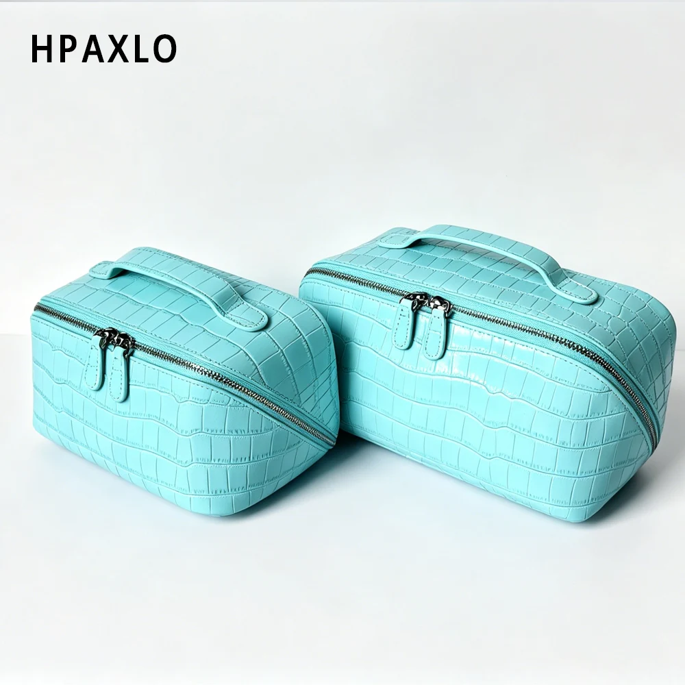 Top Grain Leather Crocodile Print Makeup Pouch Blue Wash Bag Woman Gifts Cosmetic Case Toiletry Holder Makeup Organizer Travel 3