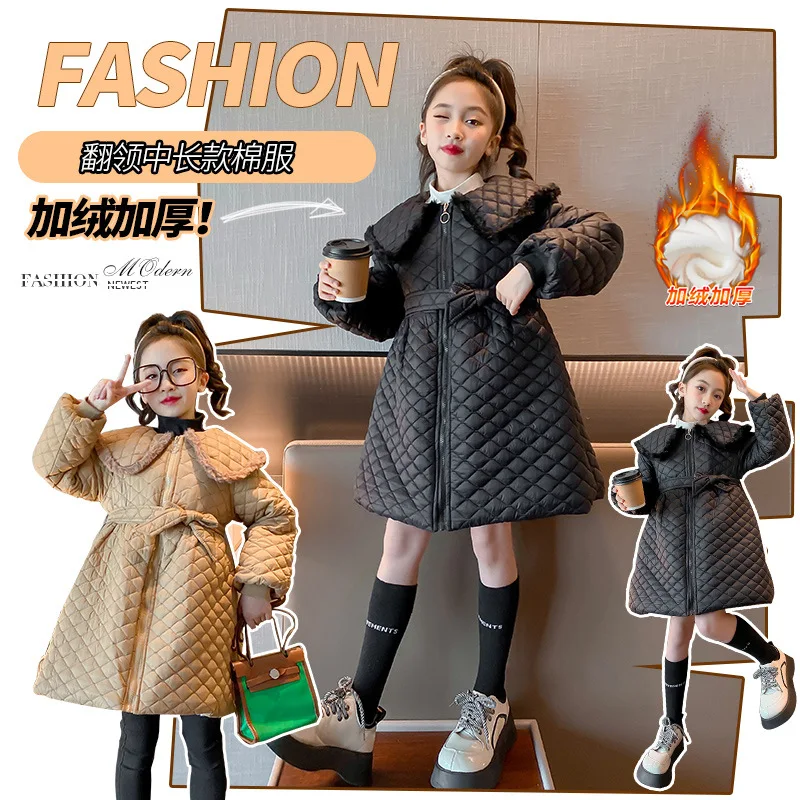 

Down Jackets Girls Thick Clothes Overcoat Lace-up Waist Loose Warm Parka Kids Cotton Padded Coats For Children
