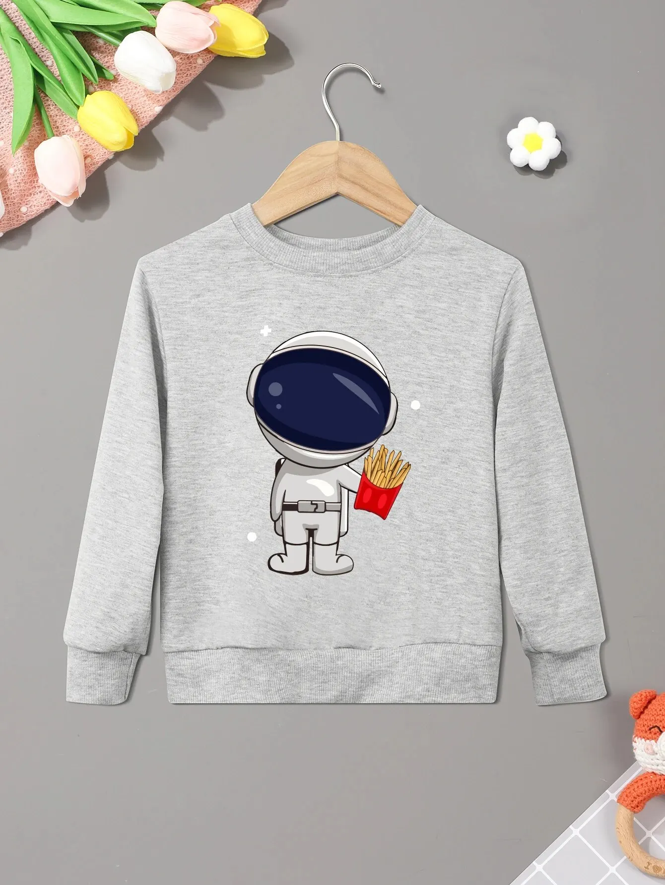 Children Sweatshirt Cartoon Spaceman And Fries Print Creative Lightweight Comfy