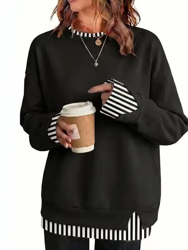 Casual Long Sleeve Top with Round Neck Mid Length Streetwear Women Hoodie Pullover Regular Thickness Patchwork Sweatshirt