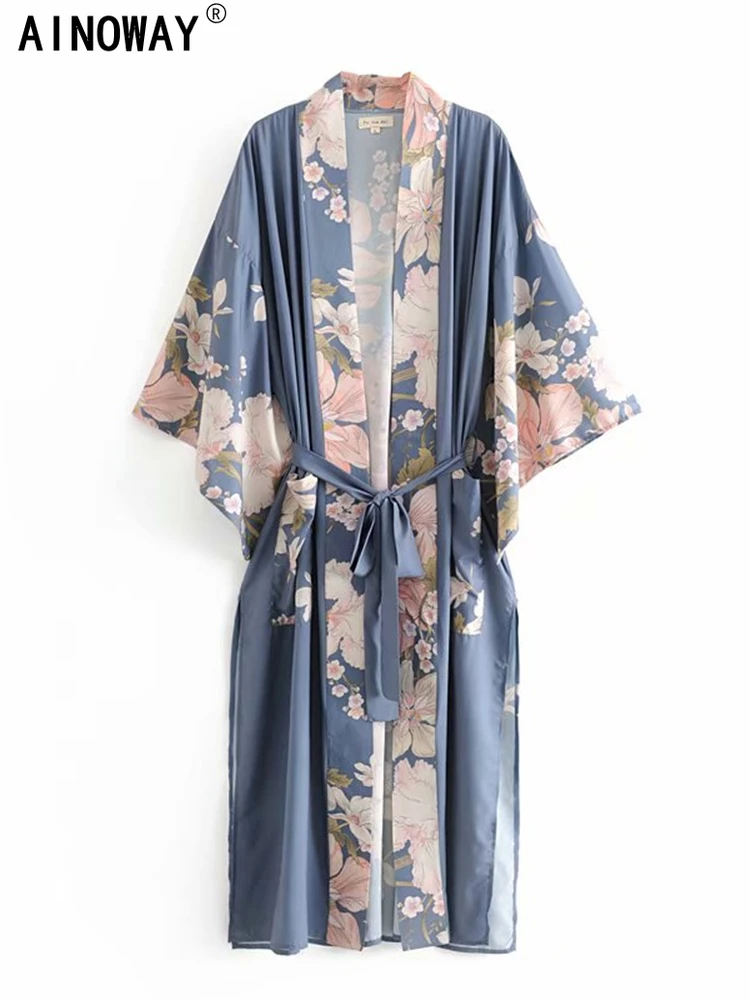Vintage Peacock Floral Print Sashes Women Bohemian V Neck Batwing Sleeves Lady Happie Beach Boho Robe Bikini Cover-ups