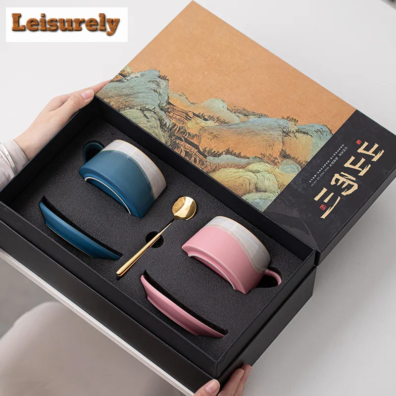 250ml Mountain and Sea Painting Scroll Coffee Mug with Plate Oatmeal Breakfast Mug Afternoon Tea Mug Cup Saucer Kit Tea Services