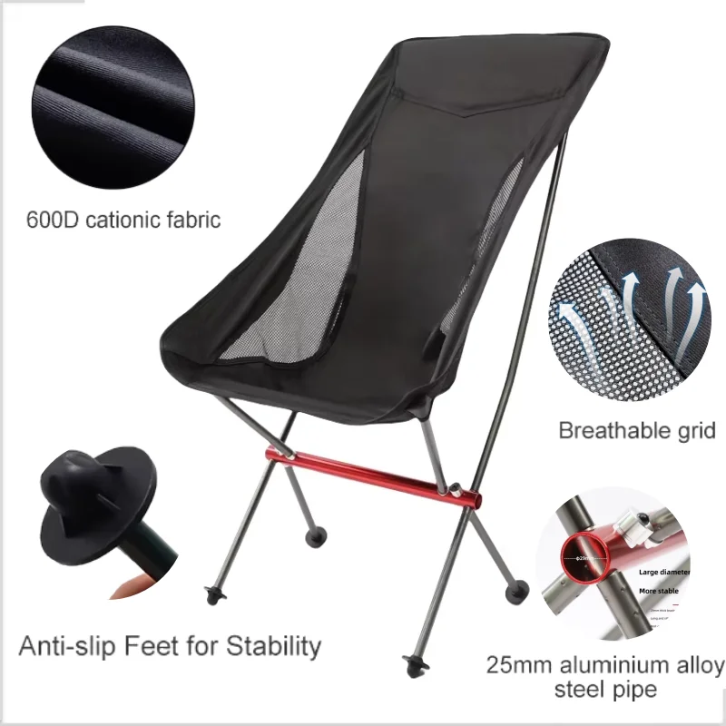 Chaise pliante camping pêche à dossier haut - Siège lune pliable pour détente en plein air