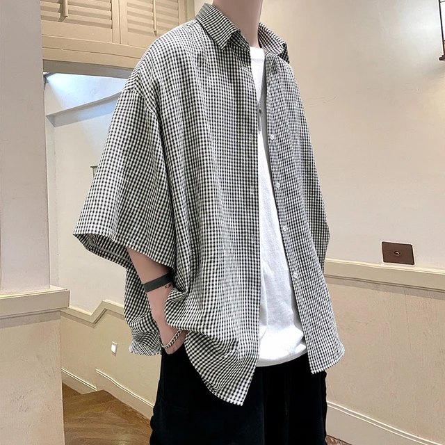 Camisa masculina verão 2023 moda xadrez camisa casual de manga