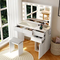 Большой туалетный столик с зеркалом и табуреткой, Блюдовый столик со светодиодной подсветкой, косметический столик с 4 ящиками, столешница из закаленного стекла