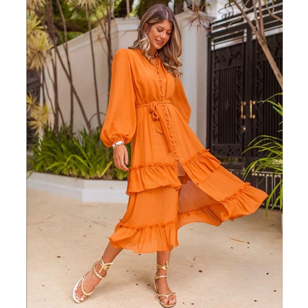 

Wepbel Maxi Long Sleeve Dress Stitching Long Sleeve Fashion High Waist Dress Ruffle Slim Fits Solid Single Breasted Maxi Dress