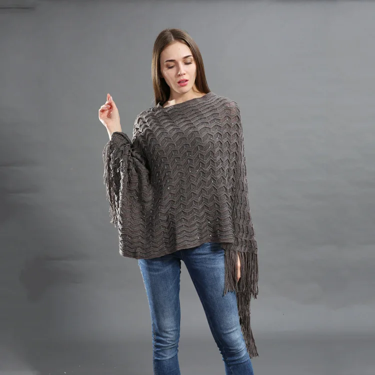 

Spring Autumn Women Loose Versatile Solid Knitwear Pullover Fashion Street Poncho Lady Capes Gray Cloaks