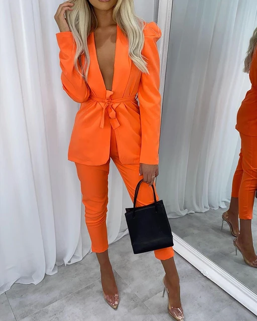 Conjunto de 2 piezas de Blazer y pantalones con parte delantera abierta para traje Sexy de color naranja, ropa de calle para Club, otoño - AliExpress