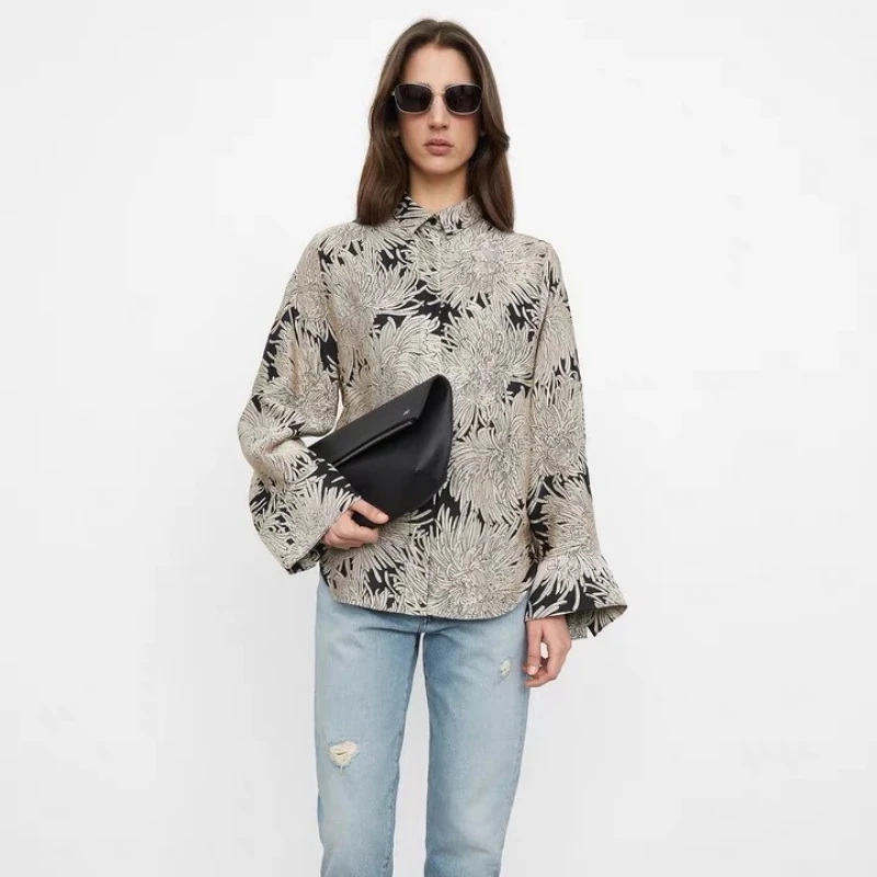 

2024 Early Spring Vintage Print Sandwashed Silk Long-sleeved Shirt Women