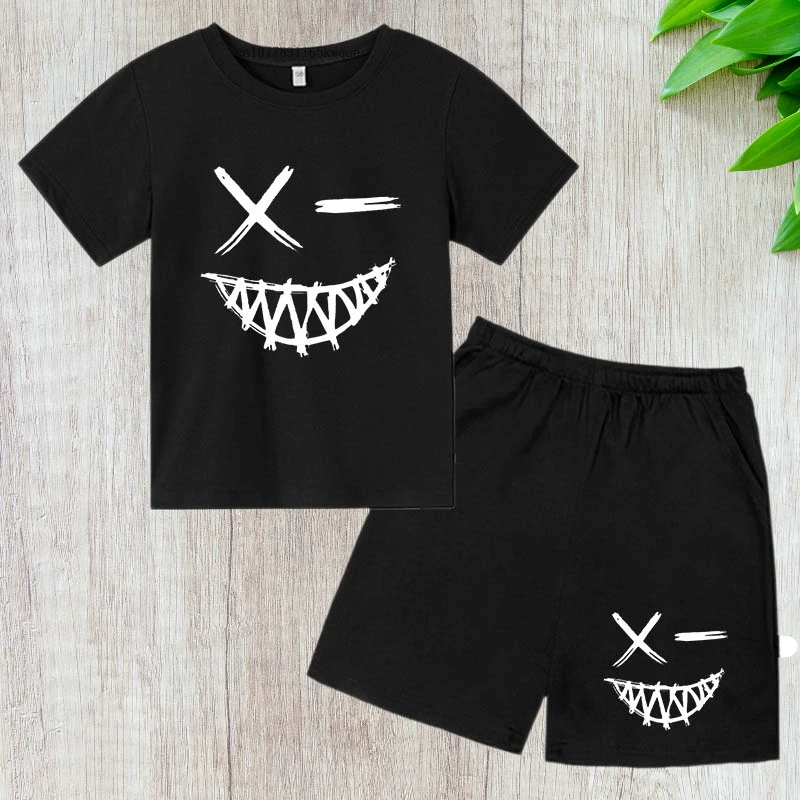 Kids Summer New Smiling Face Print 2pcs Breathable Tees + Shorts Sportsuits 2-13 Years Boys Girls Streetwear Outfits Children Sets