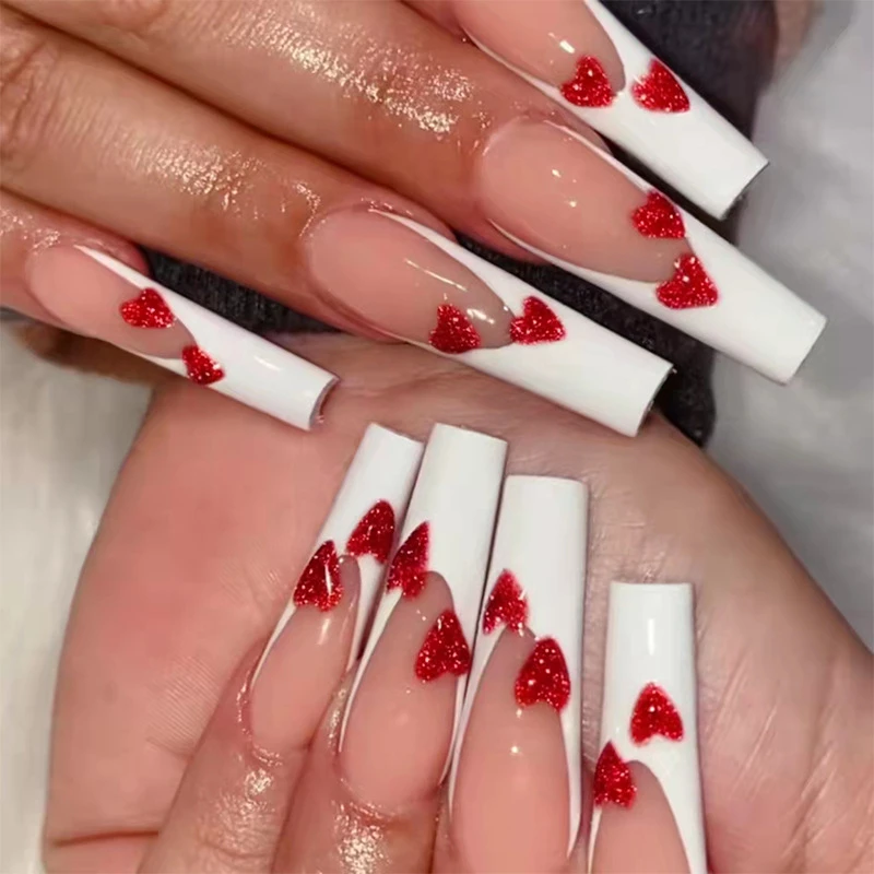 W084 White French Nails Set Press On Ballerina Faux Ongles With Red Sweetie  Design - False Nails - AliExpress