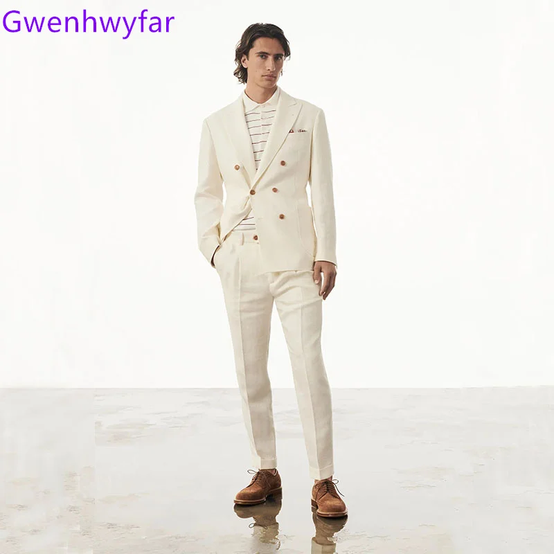 

Gwenhwyfar Beige Casual Wedding Suits for Men Peak Lapel Double Breasted Casual Groom Tuxedo Suit Prom Dresses Free Shipping
