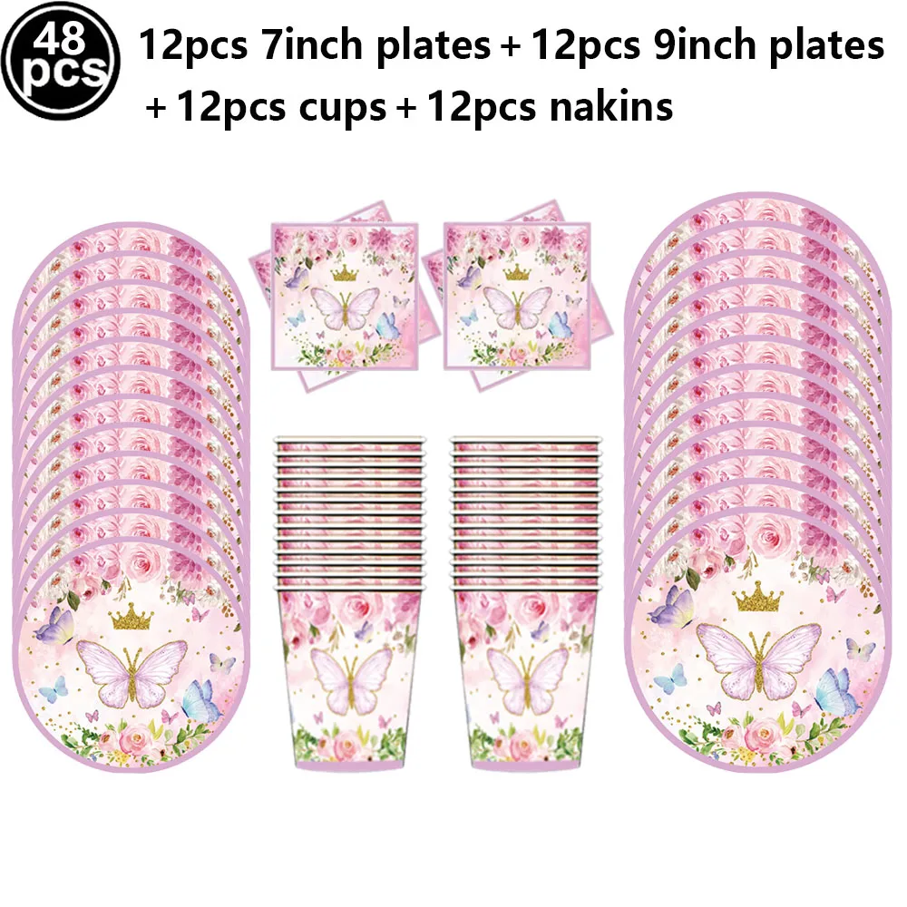 Butterfly-Themed Birthday Party Supplies Set - Banner, Paper Plates, Cups, Napkin, Cake Topper