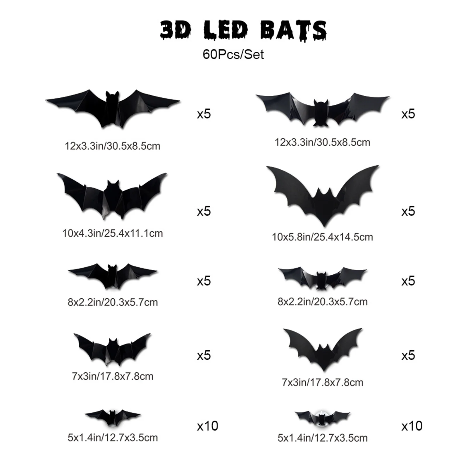 12-60Pack LED Bats Light Wall Decor Realistic PVC 3D Bats Sticker Lights for Home Indoor Outdoor Halloween Party Wall Decoration