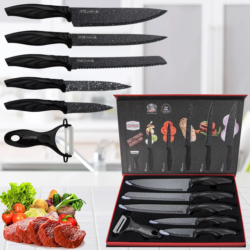 7pcs Kitchen Knife Sets Stainless Steel Chef Knife Bread Knife Marble  Textured Handle Sets Tool Holder with Grinding Stone - AliExpress