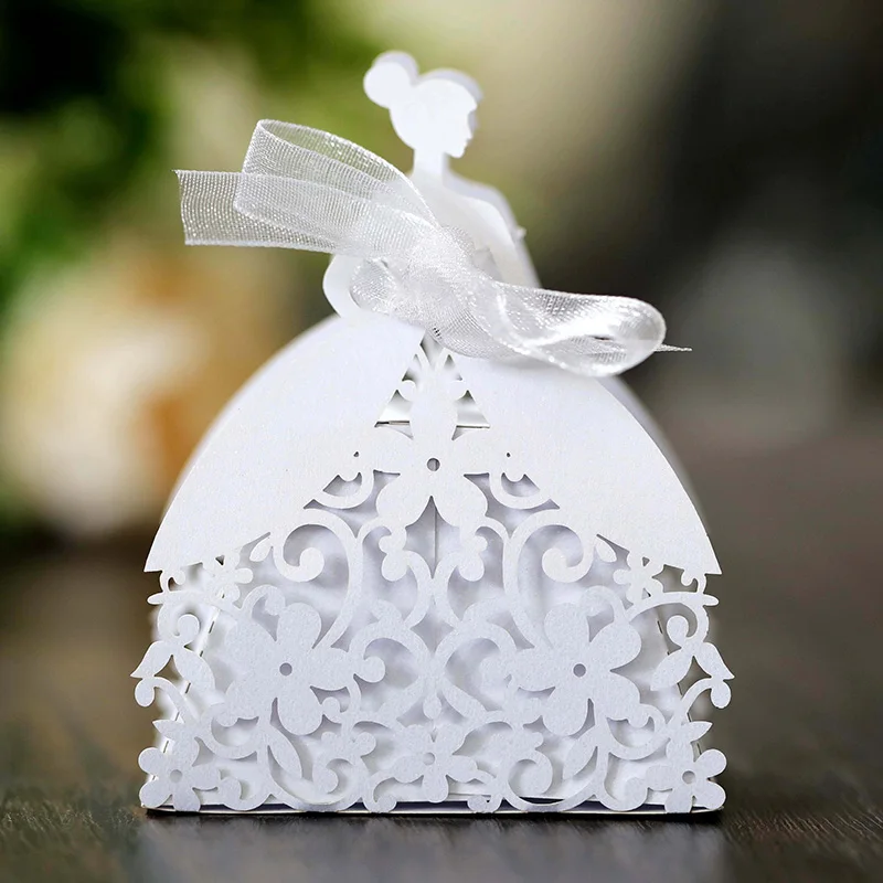 Laser Cut Pearl Paper Gift Boxes with Ribbon – Elegant Candy Chocolate Packaging for We... - SKU GBR17058 - UGI Packaging