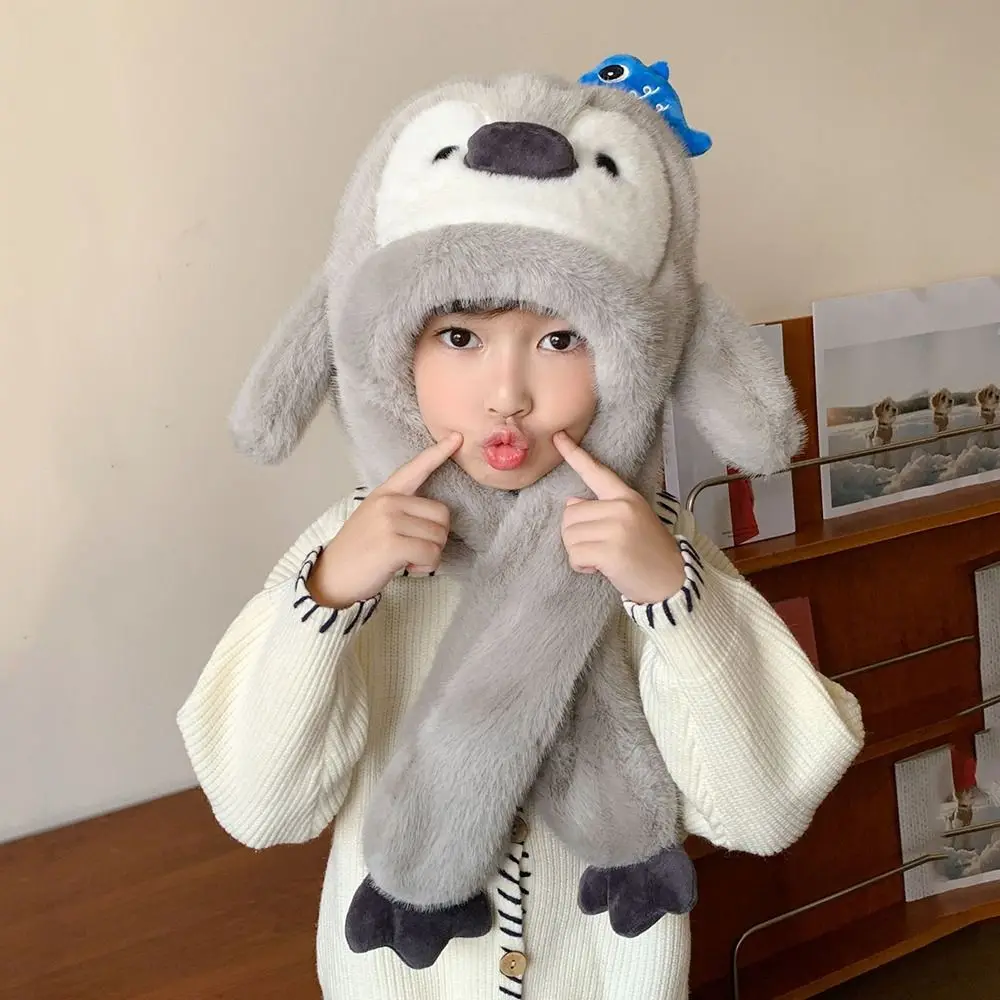 Fluffy Kids Ear Protection Cap Fleece Lined Windproof Penguin Ear Moving Hat Solid Color Thickened Children Plush Pullover Cap