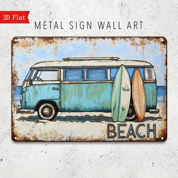 Coastal Beach Van and Surfboard Metal Sign, Vintage Style Iron Wall Art, Versatile Home and Cabin Decoration, English Text, Wal 1