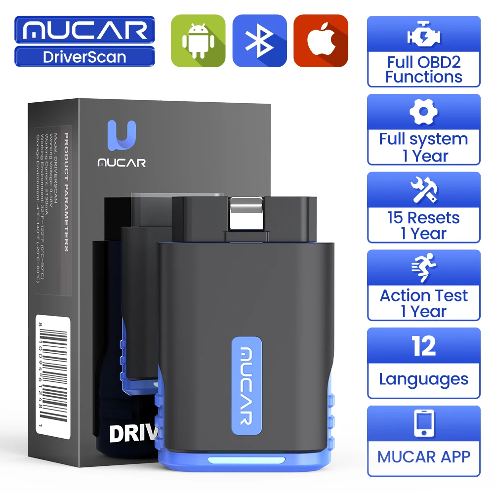 MUCAR DriverScan OBD2 스캐너, 액션 테스트, 자동차 진단 도구, 전체 시스템 15 리셋 오일 DPF 브레이크 TCM 인젝터