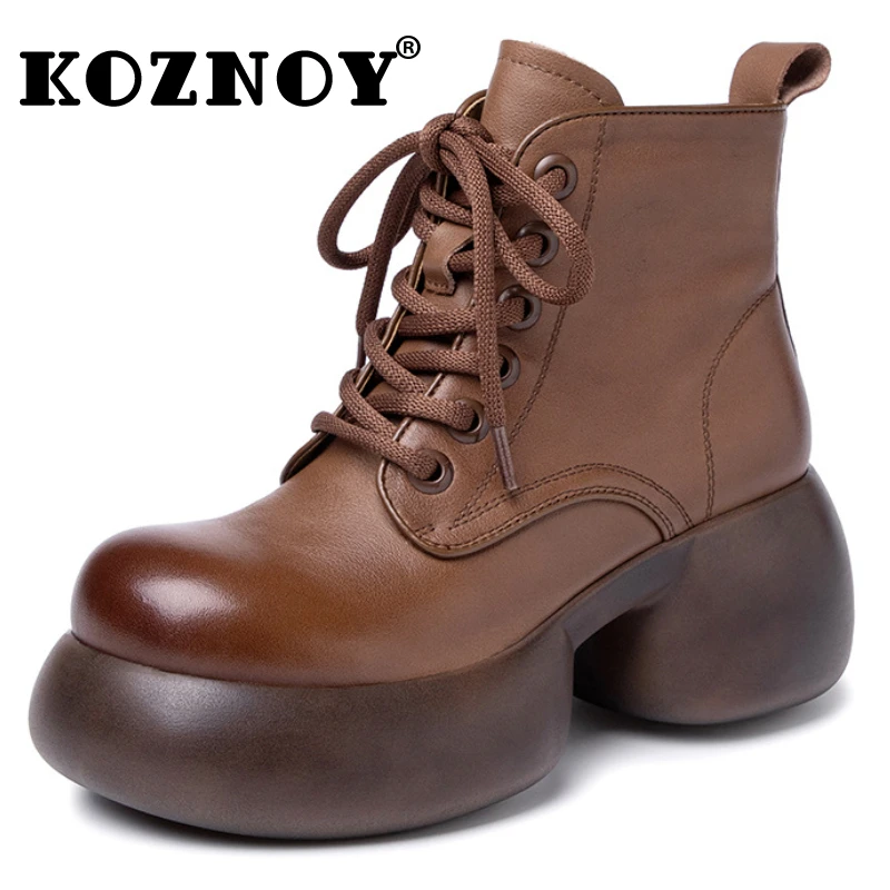 

Koznoy 7cm New Cow Genuine Leather Punk High Top Ankle Booties for Women Autumn Boots Platform Wedge Thick Sole Motorcycle Shoes