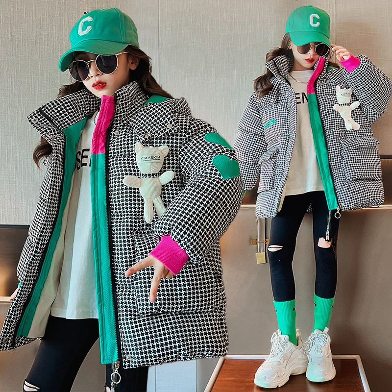 Girls Short Parkas Winter Cotton Jacket Houndstooth Fashion Spliced Hooded children jackets,girls coat,down jacket