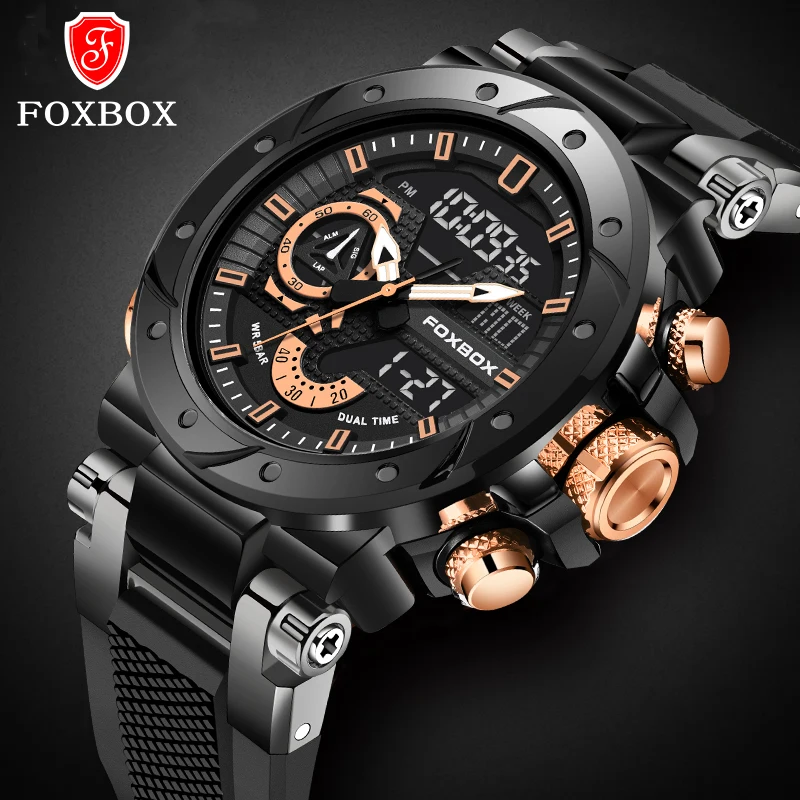 Top Luxury Brand FOXBOX Sports Men's Watches Quartz Chronograph Analog clock Silica gel Waterproof Military Wrist Watch For Man