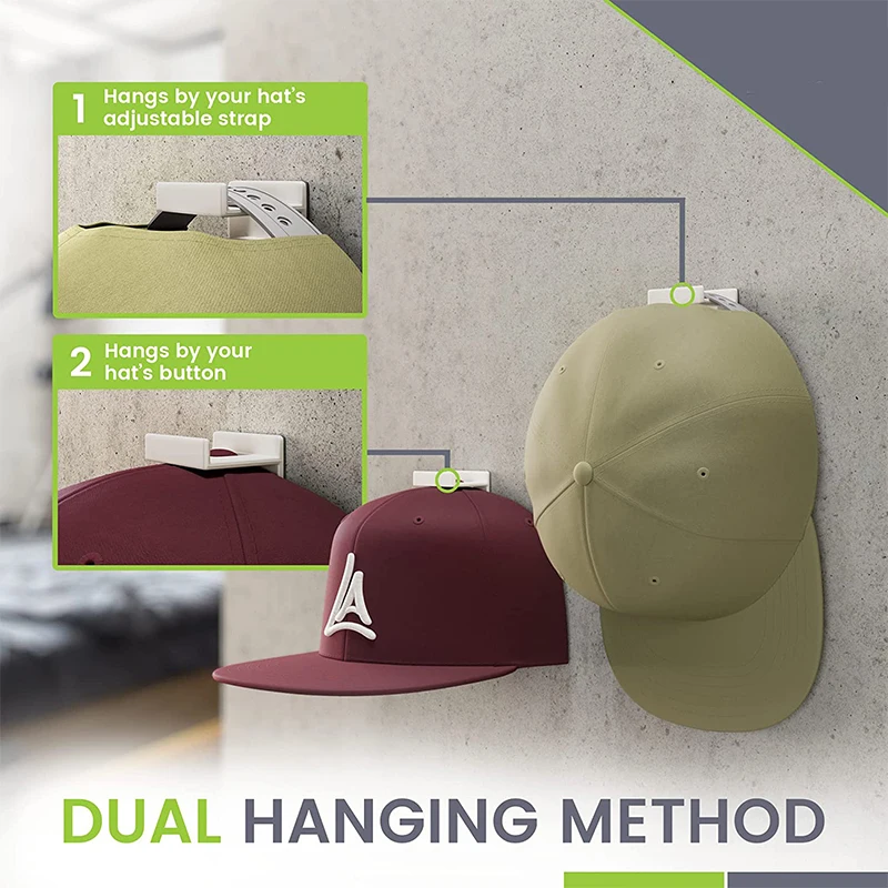 Wall-Mounted Double Hook Hat Rack for Baseball Cap Storage - Easy Install  Adhesive Holder for Hats, Towels, and More