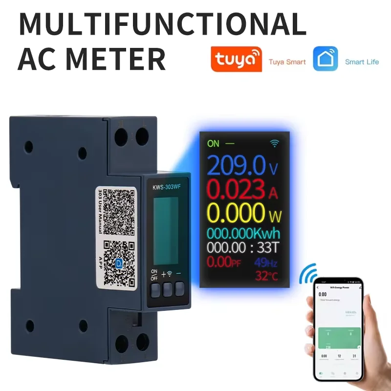 8 in1 에너지 미터 KWS-303WF AC 미터 컬러 스크린 전압 전류 전력 미터 스마트 타이머 스위치 2상 딘 레일 미터링