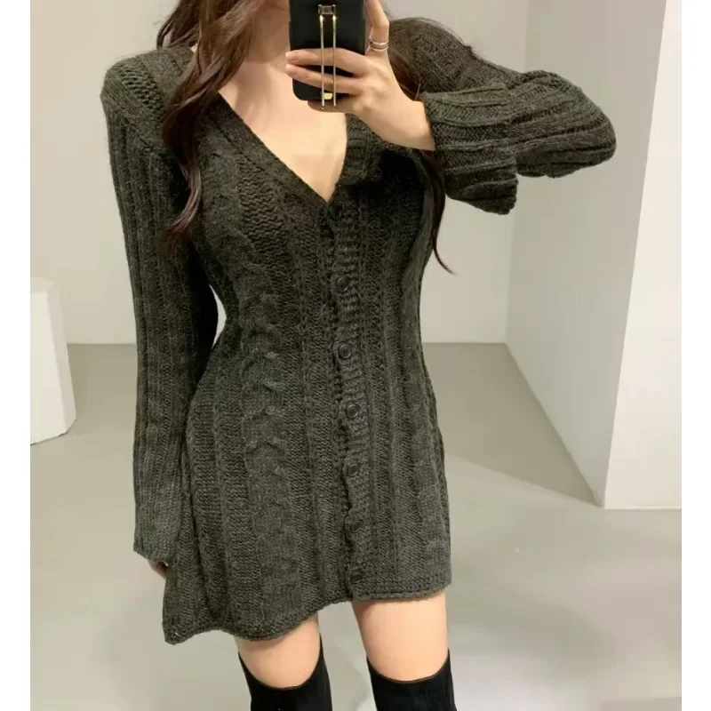 Korean Fashion Long Sleeve Slim Fit A-line Casual Party Dress V-neck Twist Single-breasted Sweater Knitted Short Dress Female