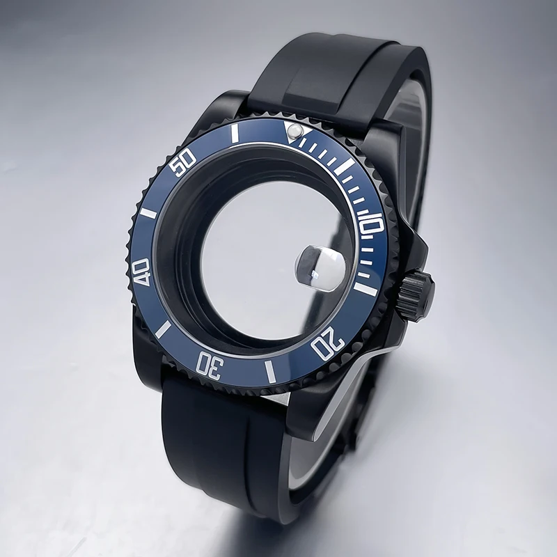 All-Black Sub Style Watch Case with Rubber Strap and Sapphire Crystal