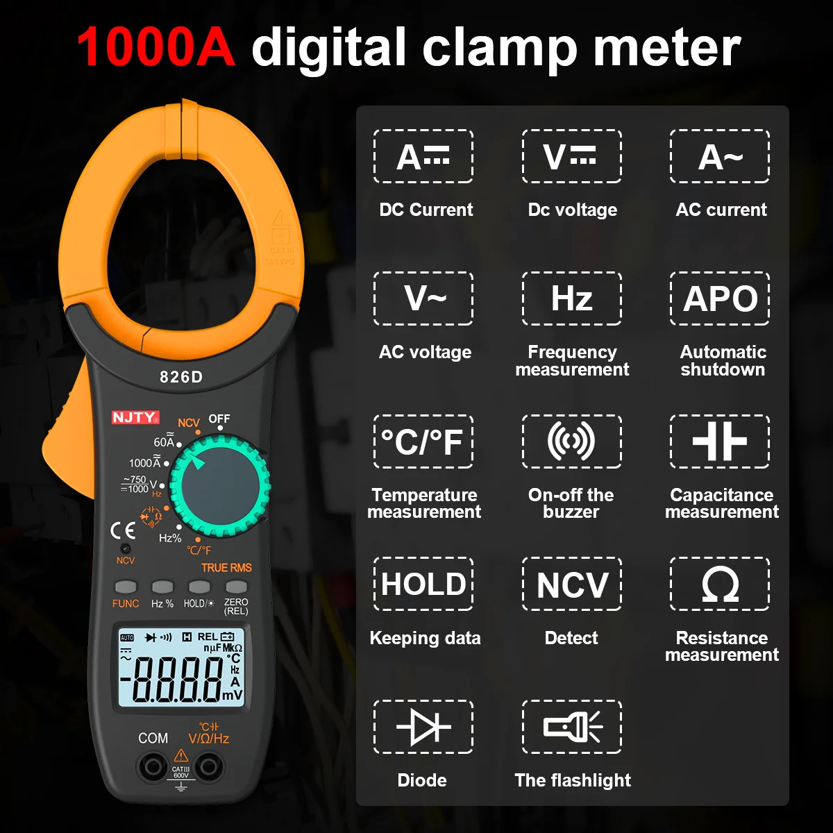 1000A 클램프 미터 AC/DC 전류 측정 전압 커패시턴스 저항 측정기 멀티미터 1300 ℃ 온도 테스트 6000 카운트