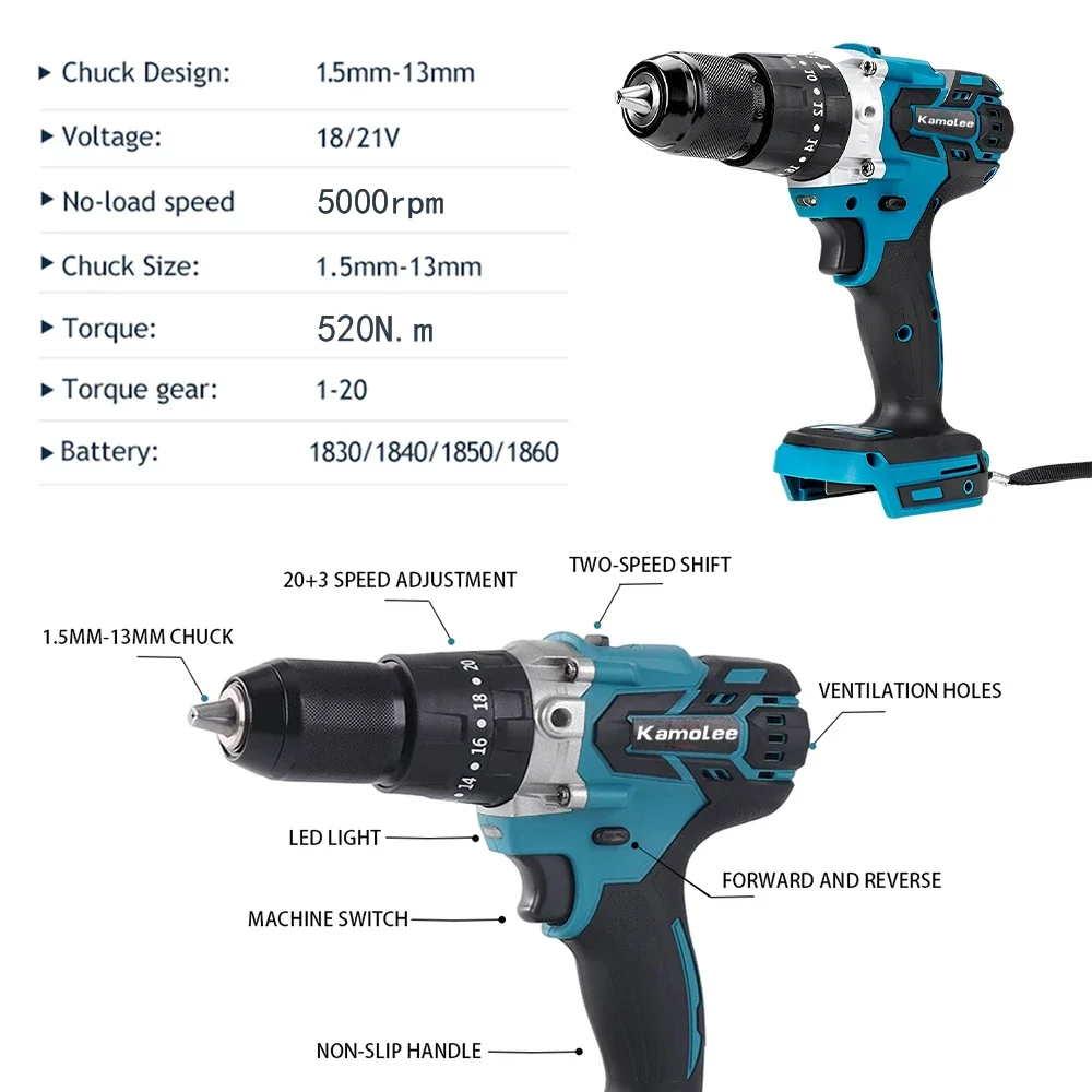Kamolee 13MM/10MM Brushless Electric Impact Drill For Ice Breaking Cordless Screwdriver  Lithium Battery Charging Hand Drll