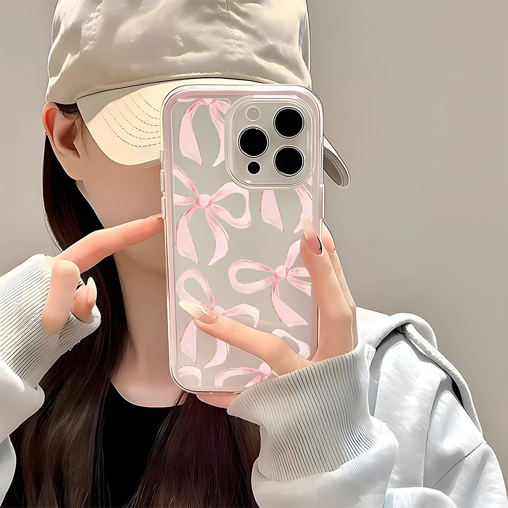 Elegant Pink Bow Pattern Clear Silicone Phone Case - Candy Color Soft Cover